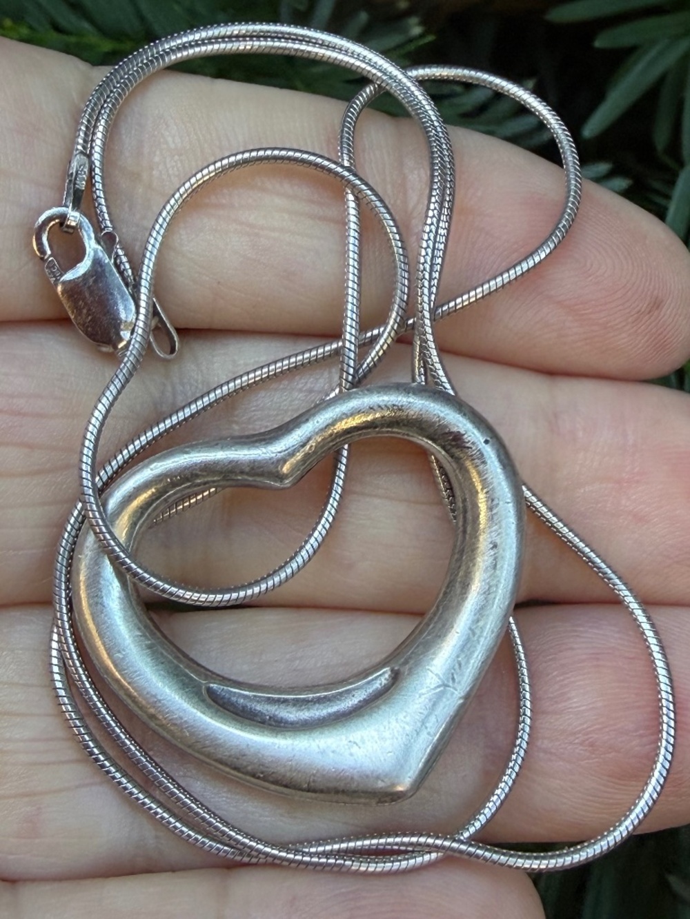 VINTAGE LARGE OPEN HEART PENDANT SNAKE CHAIN NECKLACE 925 STERLING SILVER
